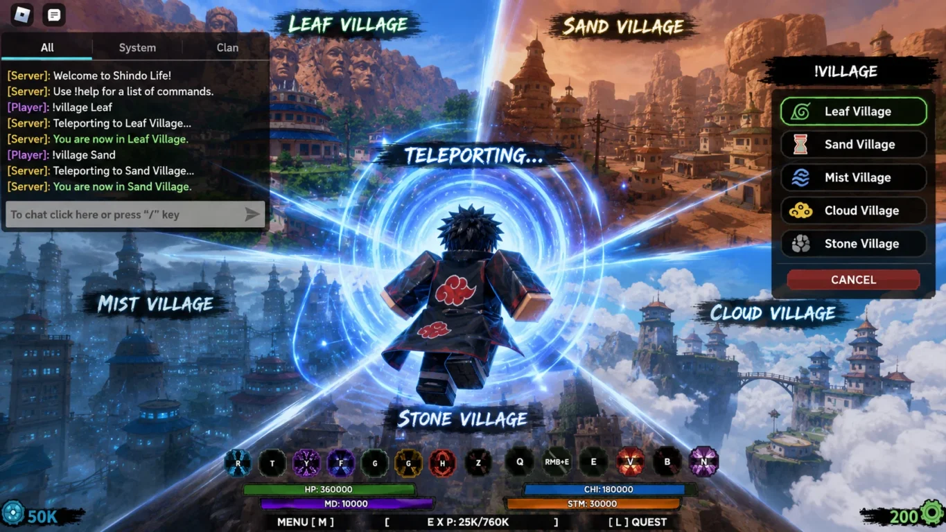 [Imagem: Personagem sendo teleportado entre diferentes vilas do Shindo Life com efeitos visuais de energia.]