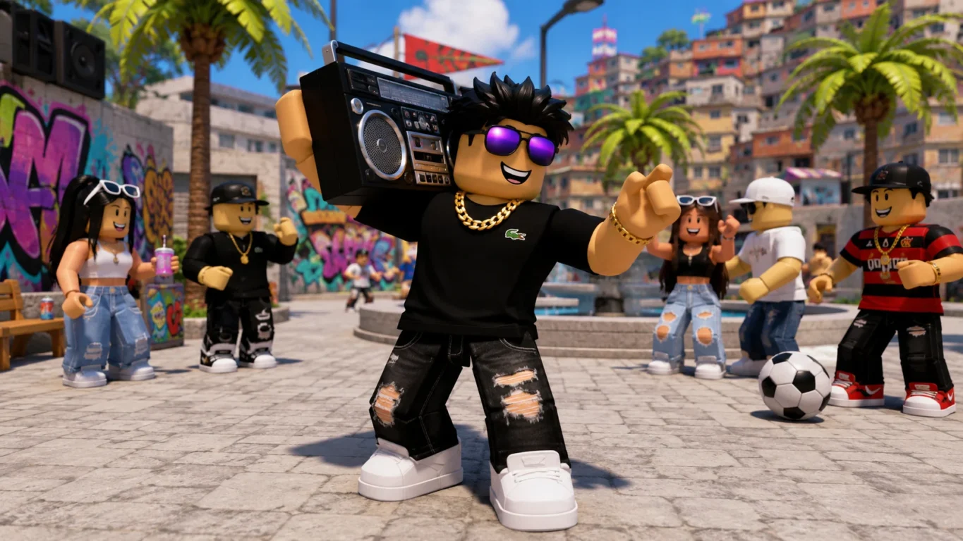 [Imagem: Personagem do Roblox segurando um Boombox enquanto toca funk brasileiro em uma praça virtual.]