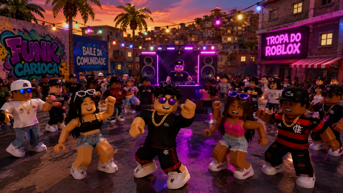 [Imagem: Festa em um mapa do Roblox com personagens dançando ao som de funk carioca.]