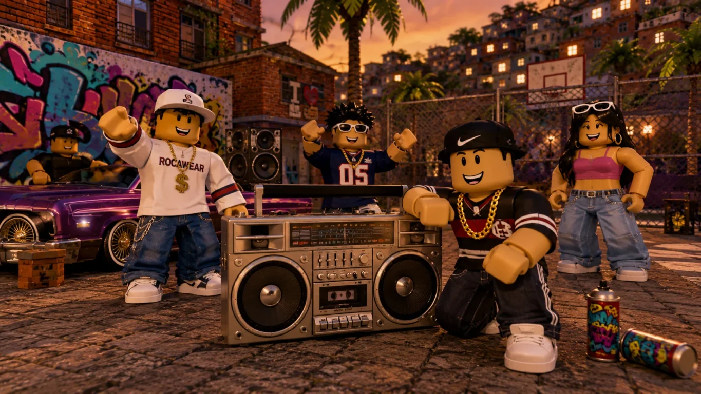 [Imagem: Boombox clássico do Roblox ao lado de personagens com roupas inspiradas nos anos 2000.]