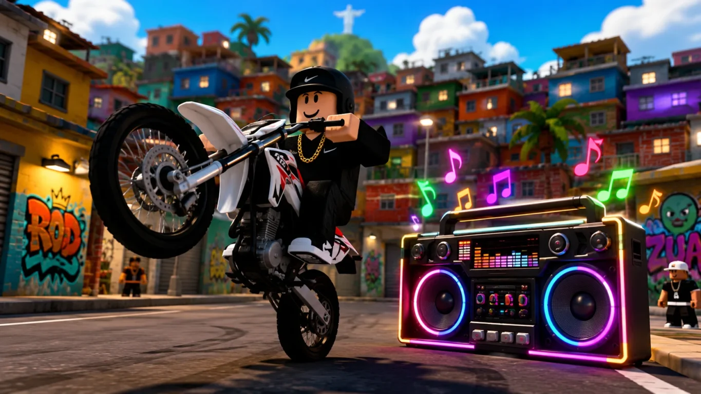 [Imagem: Jogador realizando grau de moto no Roblox enquanto um boombox toca músicas de fundo.]