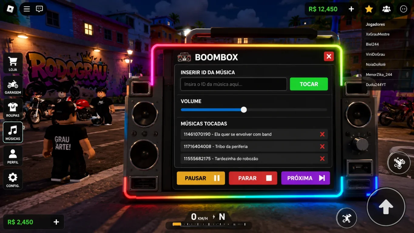 [Imagem: Interface do Roblox exibindo um boombox com a tela para inserir códigos de música.]