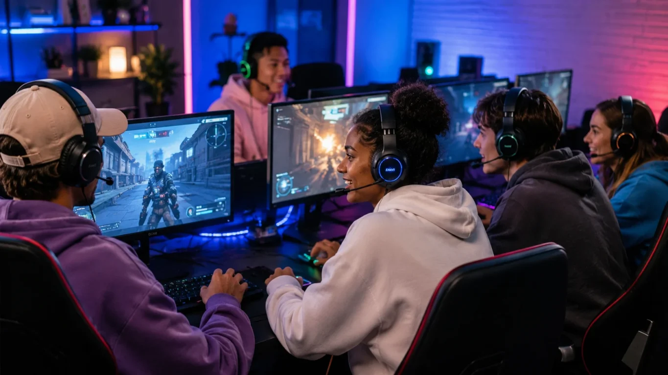 [Imagem: Grupo de jogadores utilizando comunicação por voz durante uma partida multiplayer em computadores e consoles.]
