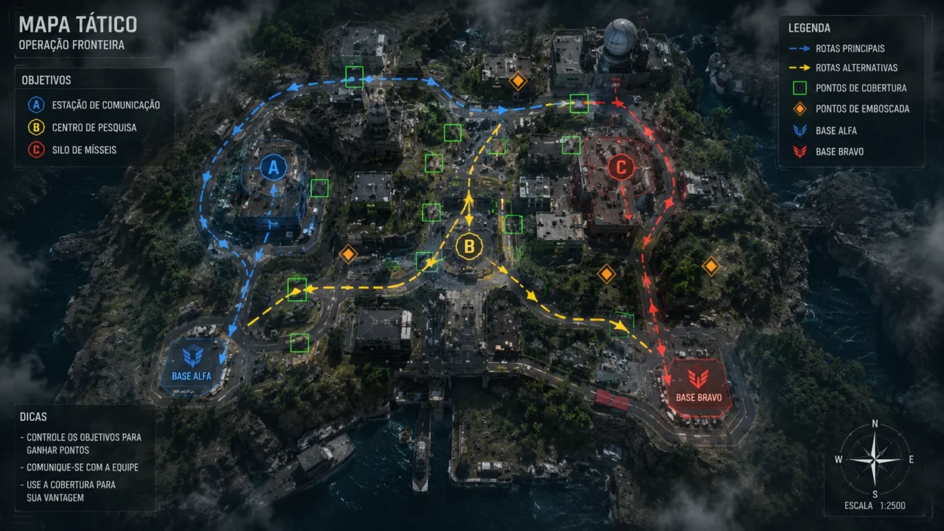 [Imagem: Mapa estratégico destacando rotas, pontos de cobertura e objetivos do cenário.]