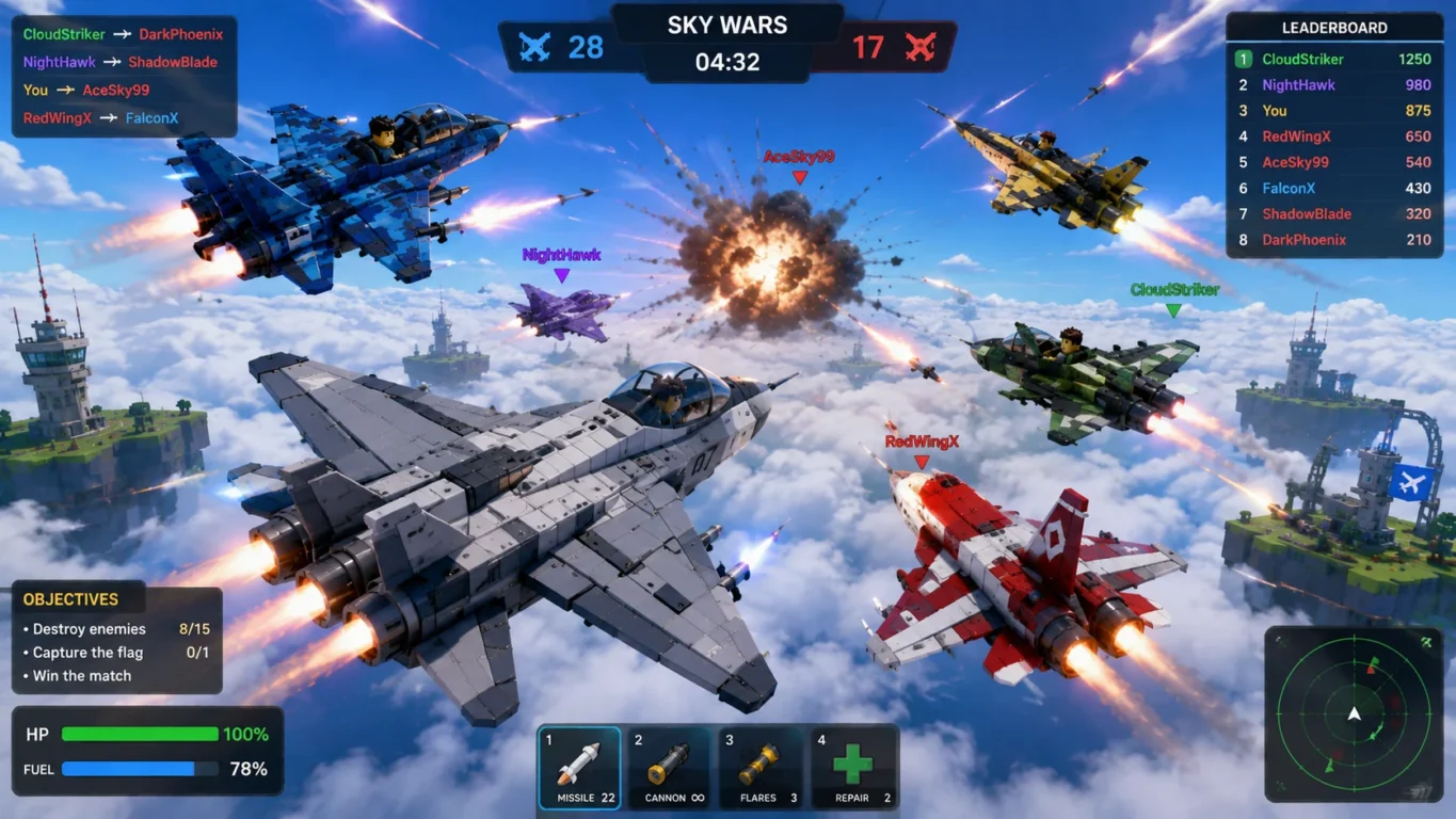 [Imagem: Diversos aviões duelando acima das nuvens durante uma batalha aérea.]