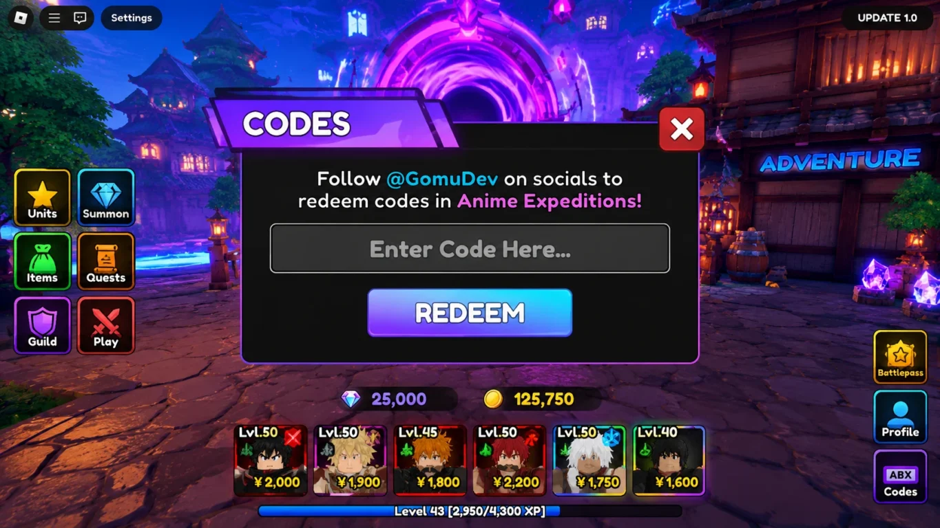 [Imagem: Interface do menu de códigos de Anime Expeditions mostrando o campo para inserir um código.]