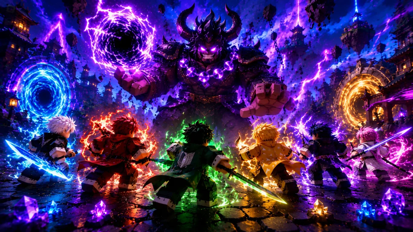[Imagem: Equipe completa de personagens de Anime Expeditions enfrentando um chefe durante uma expedição.]