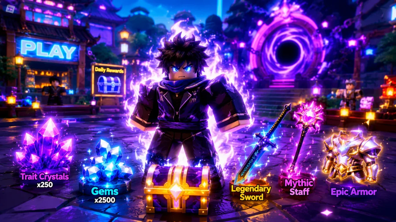 [Imagem: Personagem de Anime Expeditions cercado por Gems, Trait Crystals e equipamentos raros na tela inicial do jogo.]