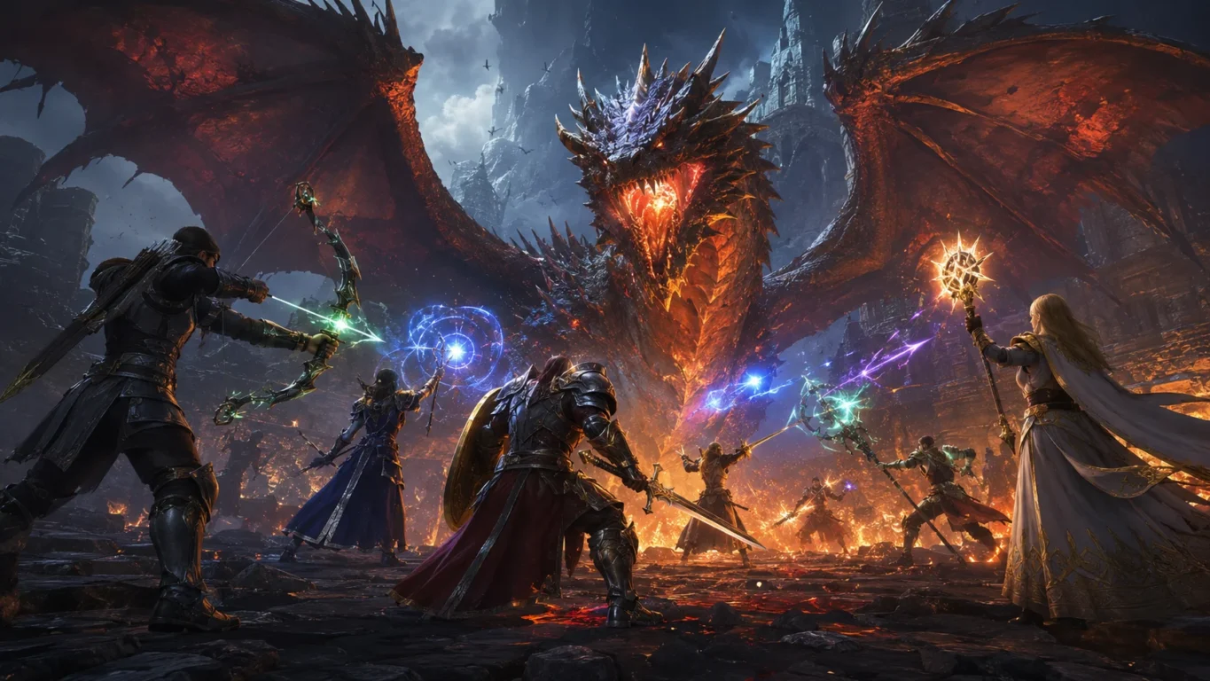 [Imagem: Grupo de jogadores enfrentando um enorme dragão em uma raid, com diferentes classes trabalhando em equipe.]