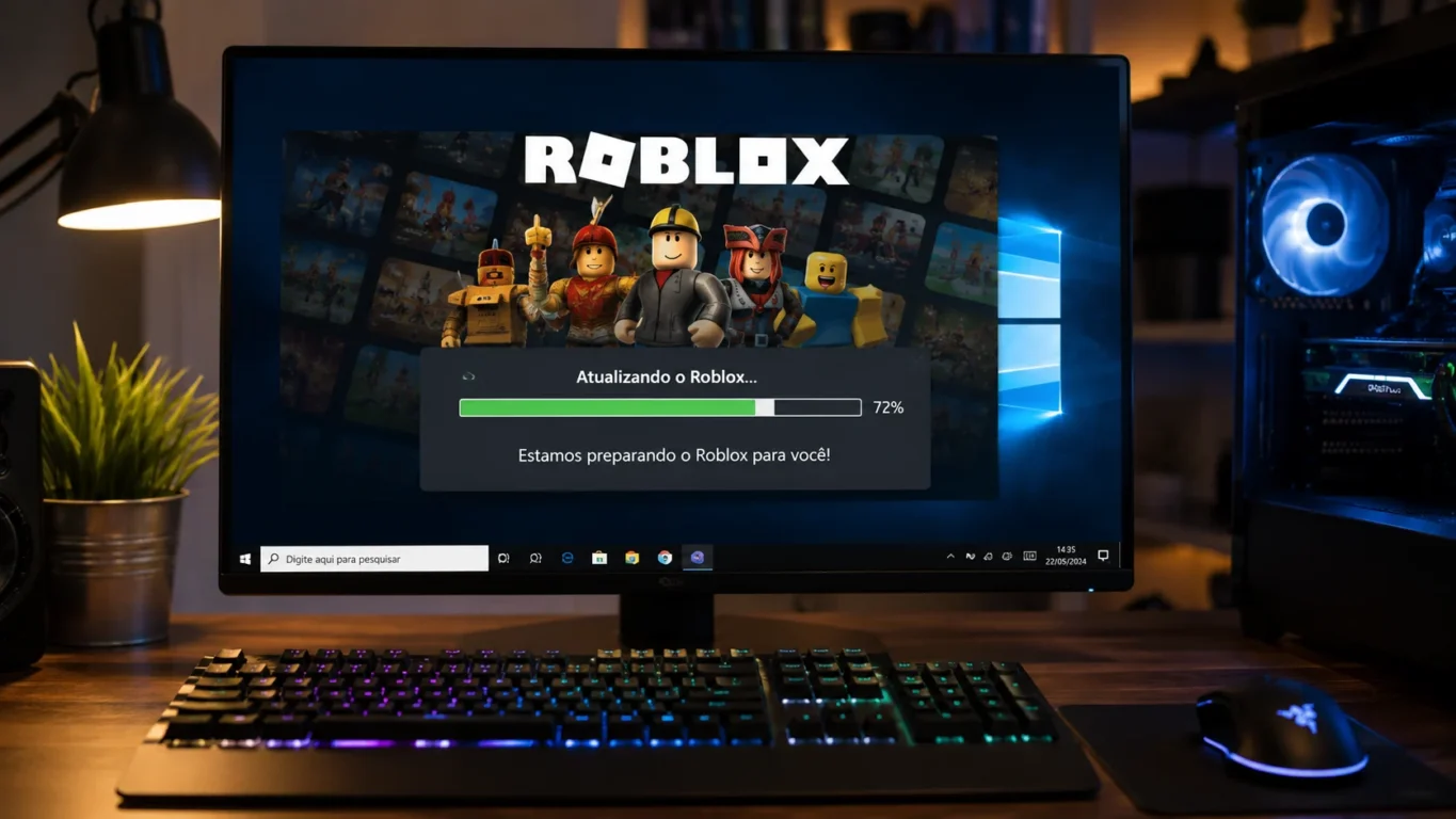 [Imagem: Tela inicial do Roblox sendo atualizado automaticamente em um computador com Windows.]