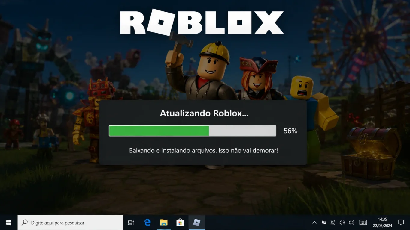 [Imagem: Barra de progresso da atualização automática do Roblox durante a abertura de um jogo.]