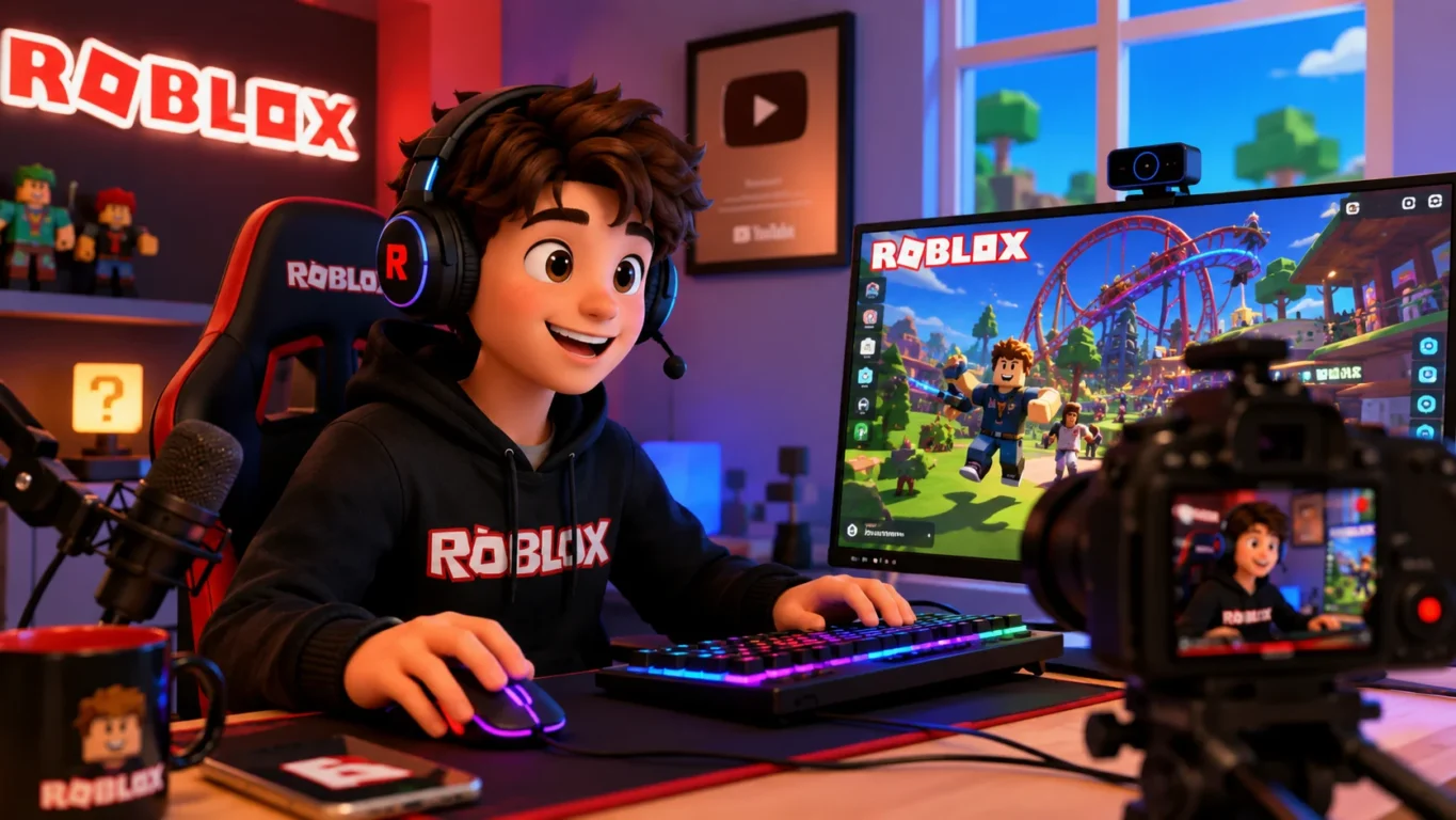 [Imagem: Ilustração de um criador de conteúdo jogando Roblox enquanto grava um vídeo para o YouTube.]