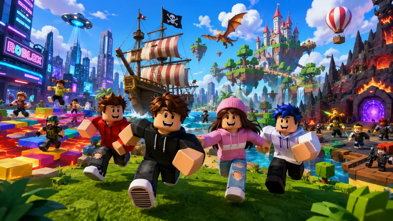[Imagem: Grupo de amigos explorando juntos diferentes mundos coloridos dentro do Roblox.]