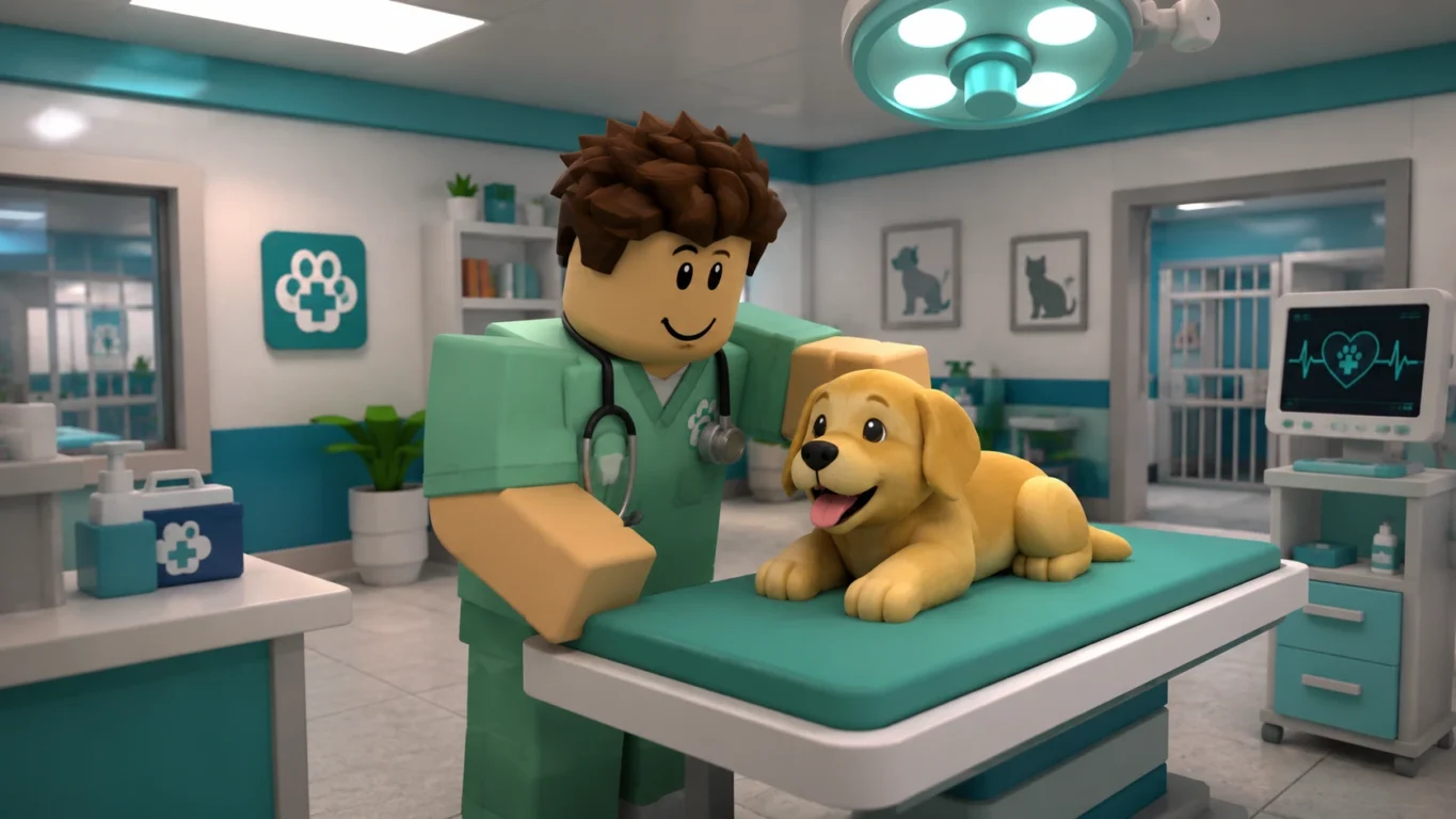 [Imagem: jogador atendendo um cachorro dentro de um hospital veterinário no Roblox