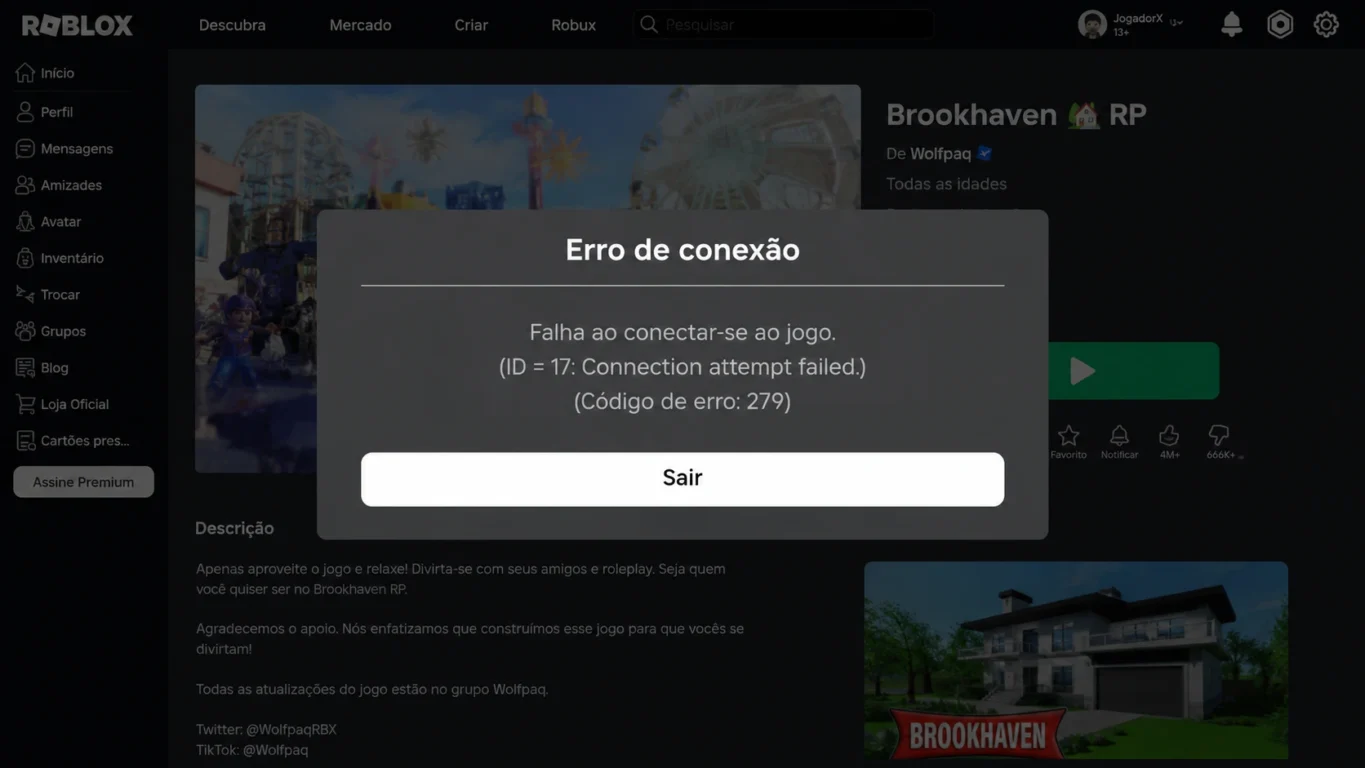 Tela exibindo o código de erro 279 do Roblox.