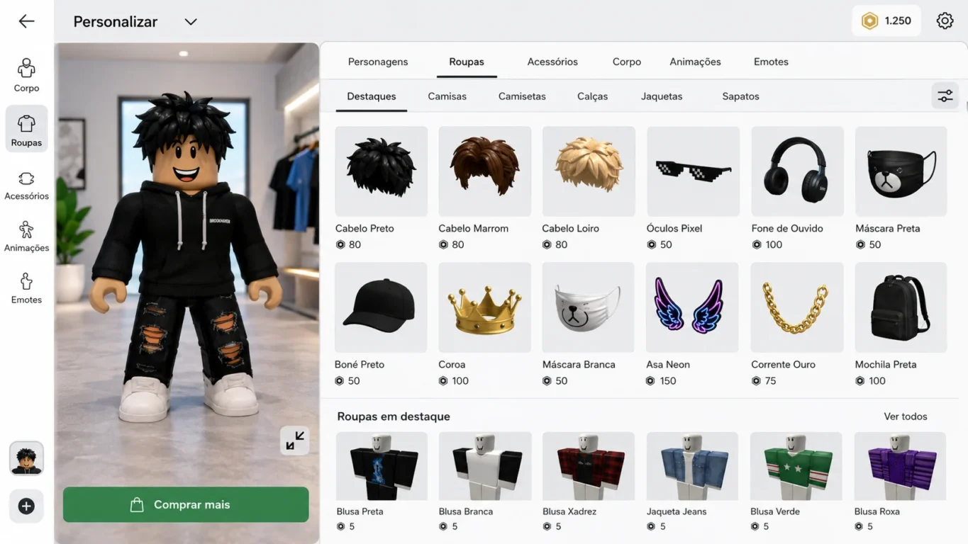 [Imagem: Tela de personalização de avatar com opções de roupas, cabelos e acessórios.]