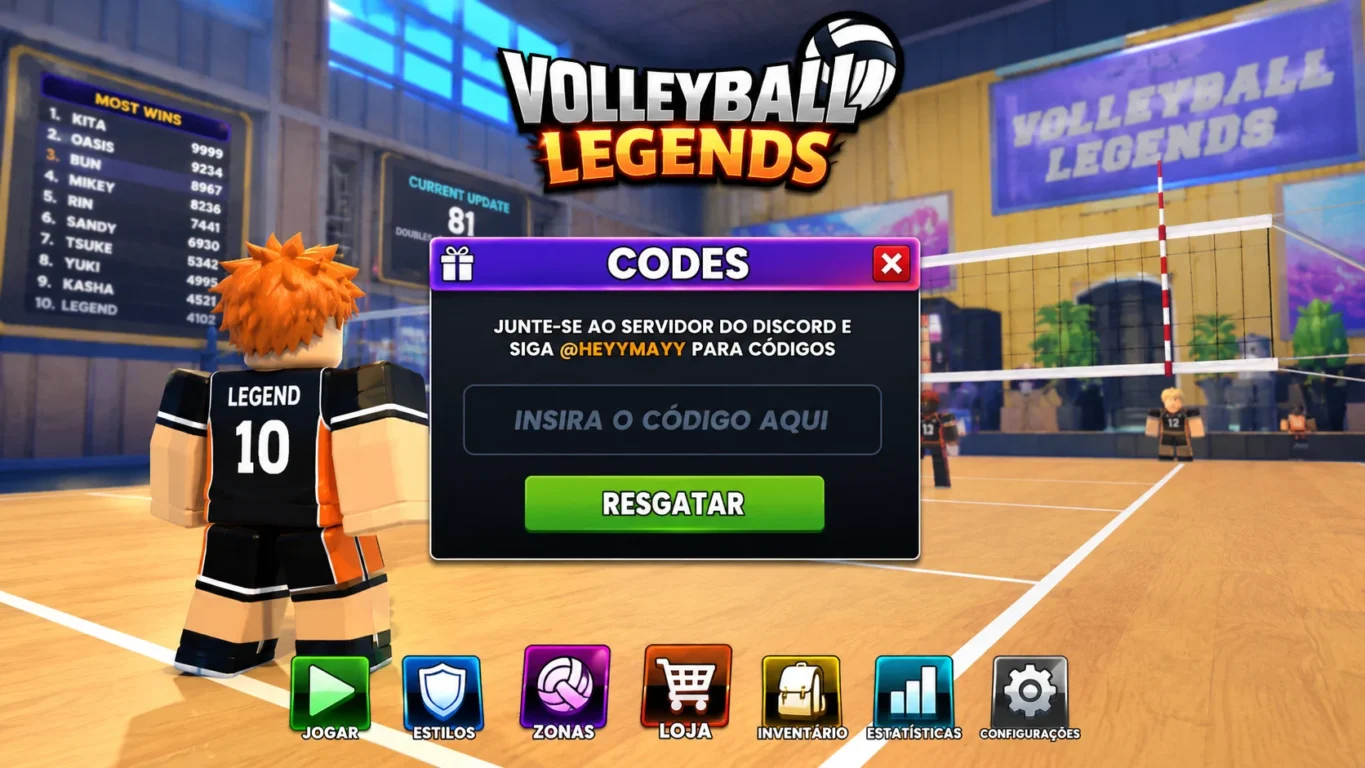 [Imagem: Tela de resgate de códigos do Volleyball Legends mostrando um jogador em uma quadra de vôlei.]
