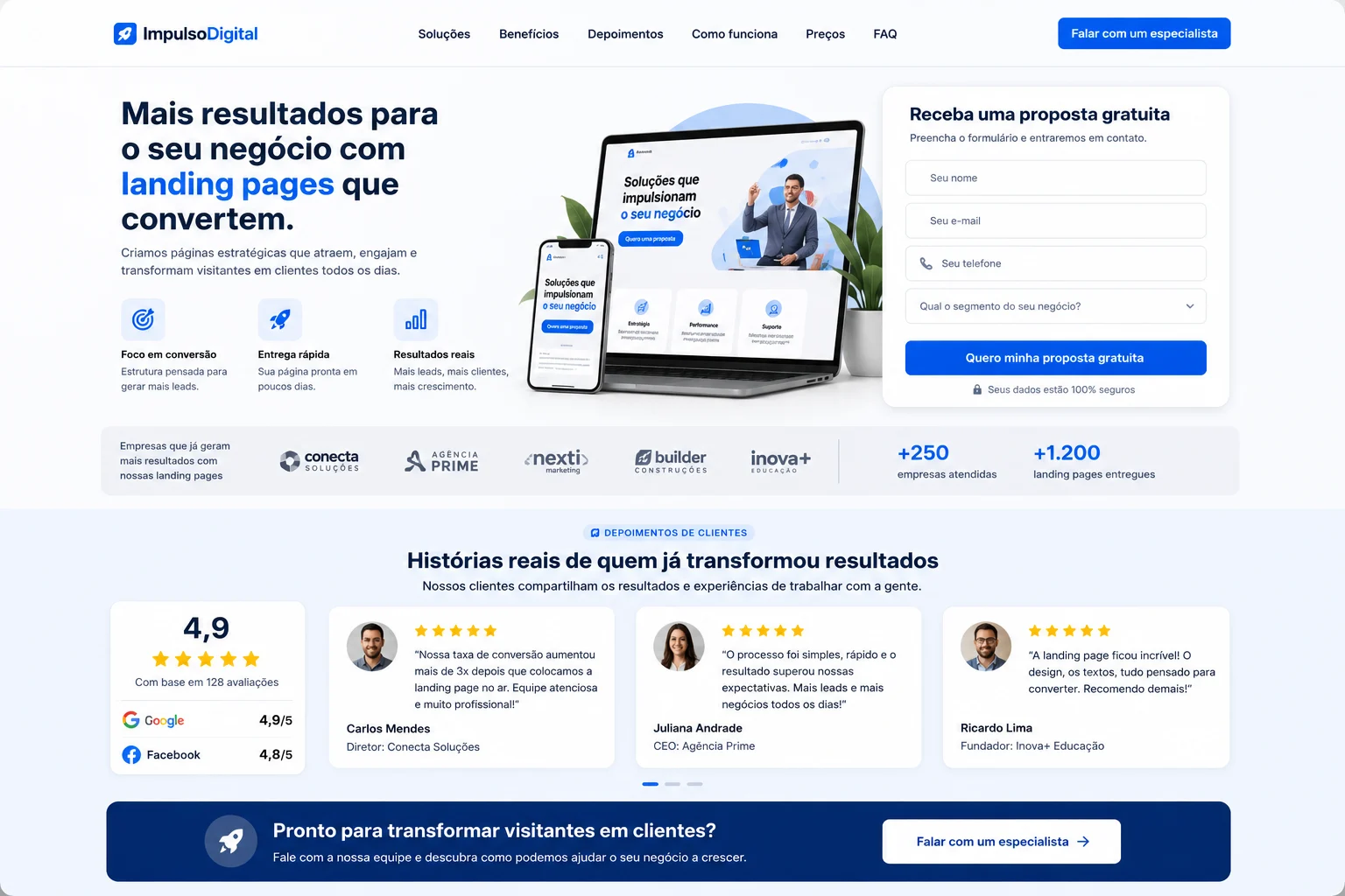 [Imagem: landing page com depoimentos de clientes, avaliações e elementos de prova social]