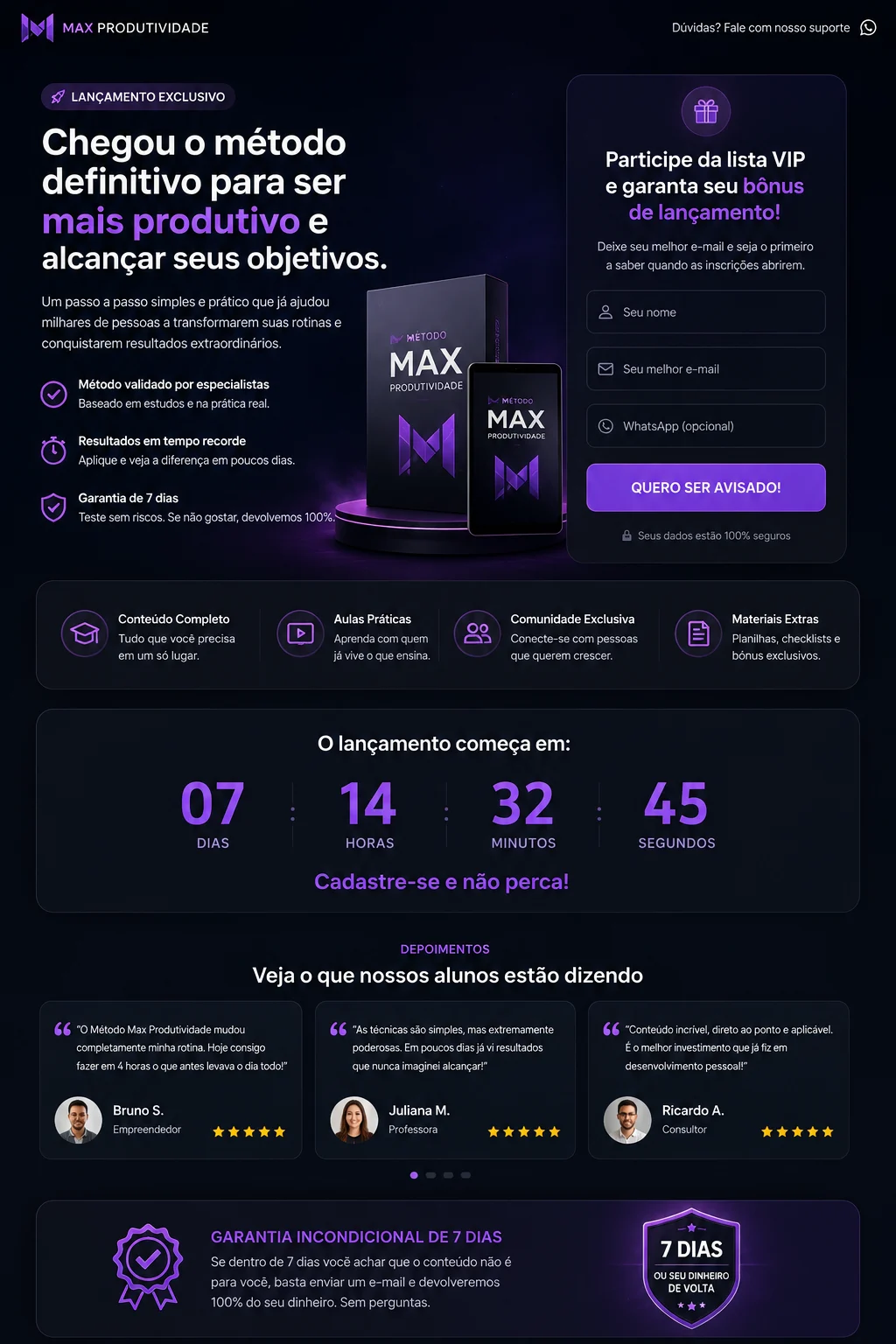 [Imagem: exemplo conceitual de landing page de lançamento de produto digital com contador e formulário de inscrição]
