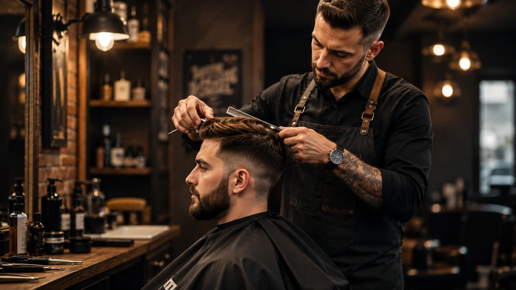 [Imagem: barbeiro profissional realizando corte masculino em ambiente moderno, iluminação quente e acabamento detalhado]