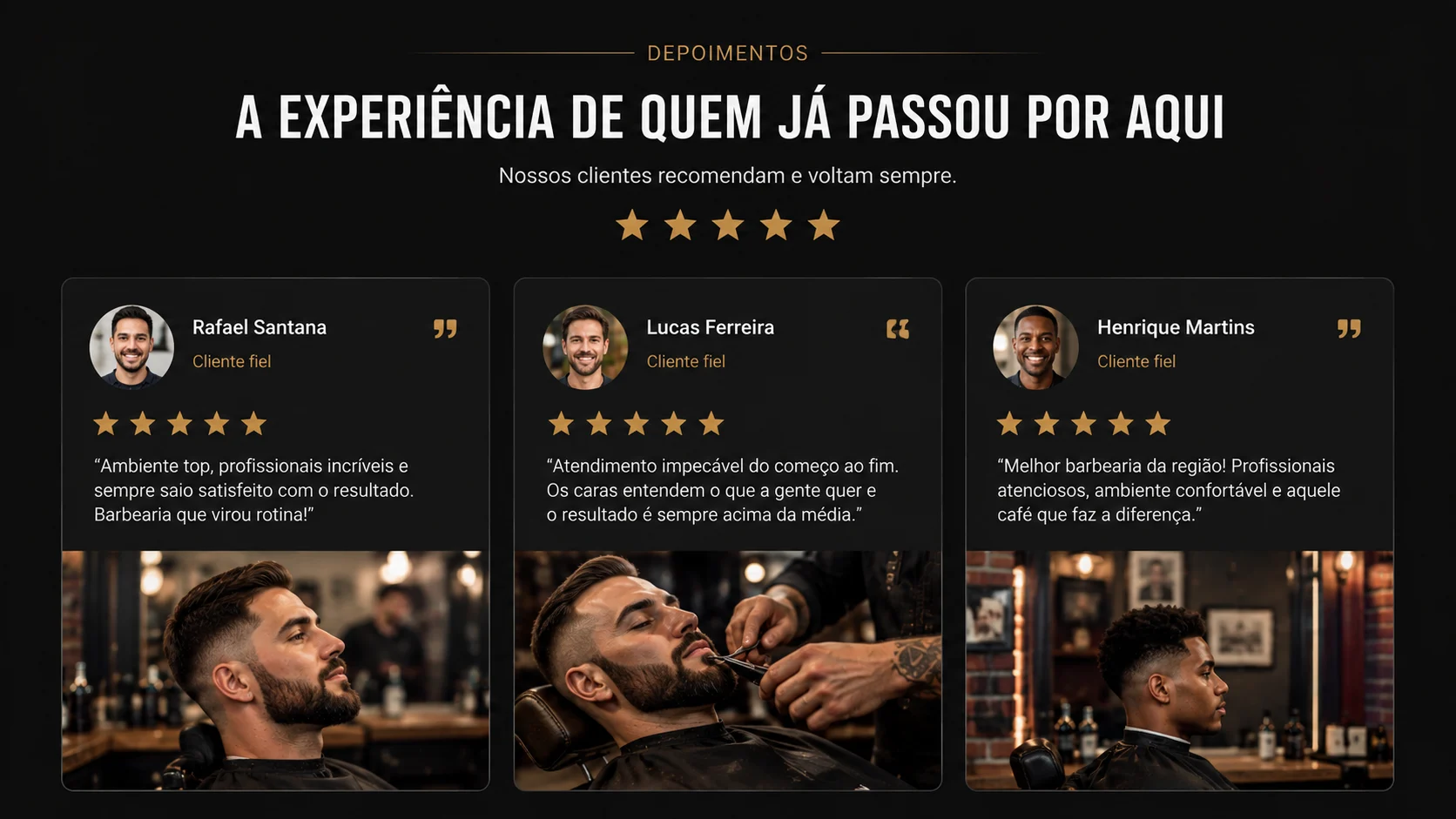 [Imagem: seção de depoimentos de clientes em uma landing page de barbearia, com avaliações positivas e estrelas]