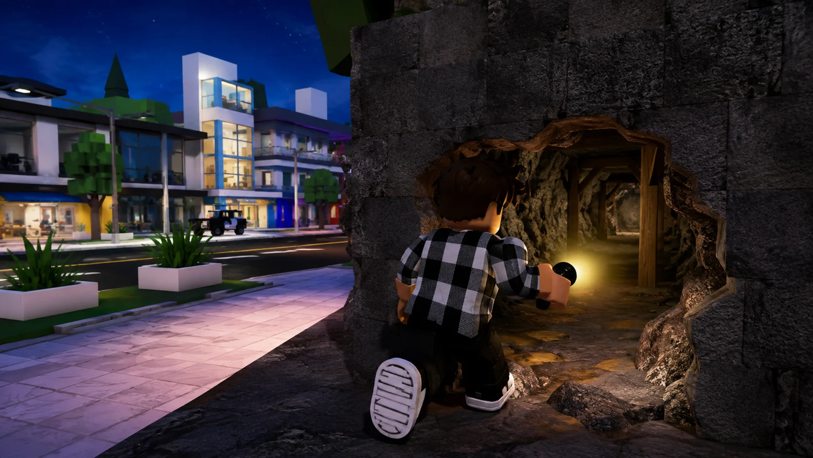 [Imagem: personagem explorando uma passagem escondida em uma parede de Brookhaven com uma cidade moderna ao fundo]