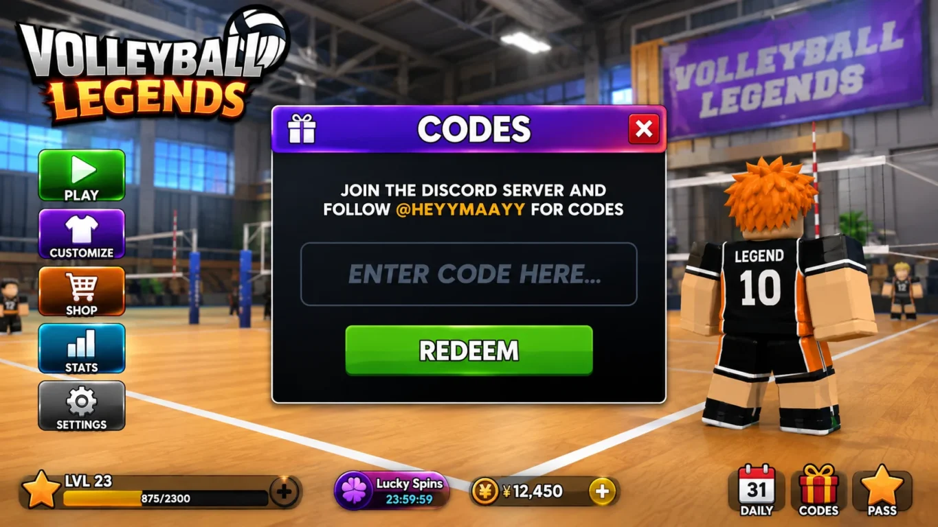 [Imagem: Interface do menu "Codes" no Volleyball Legends destacando o botão Redeem.]