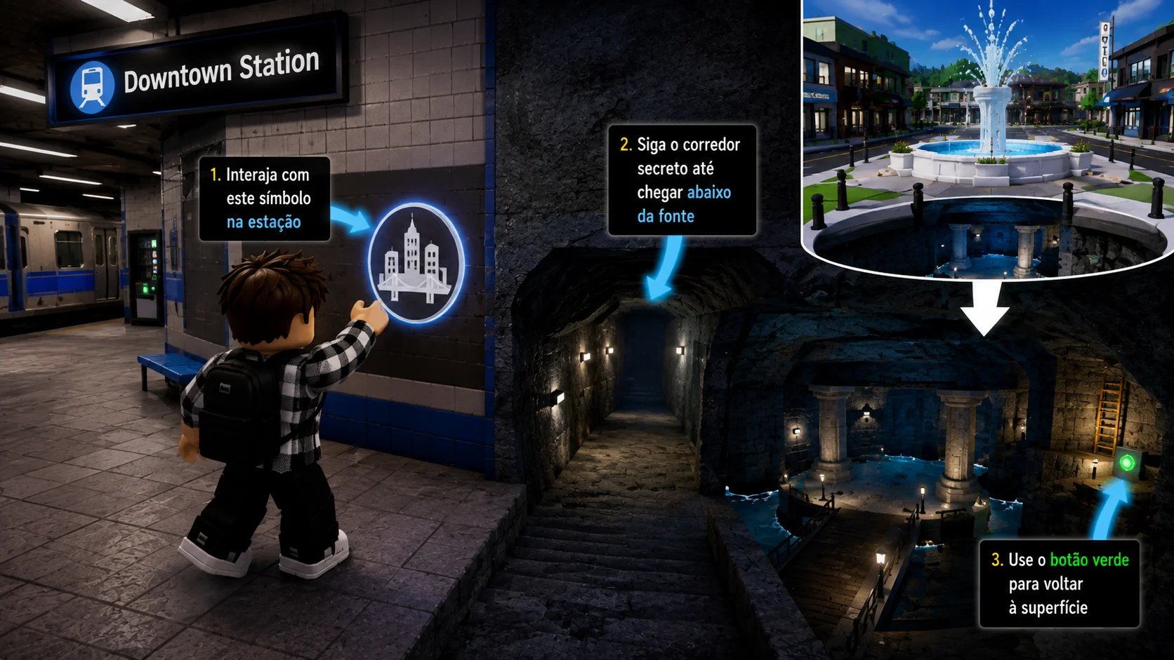 [Imagem: estação subterrânea inspirada em Brookhaven revelando um túnel secreto que leva para baixo de uma fonte]