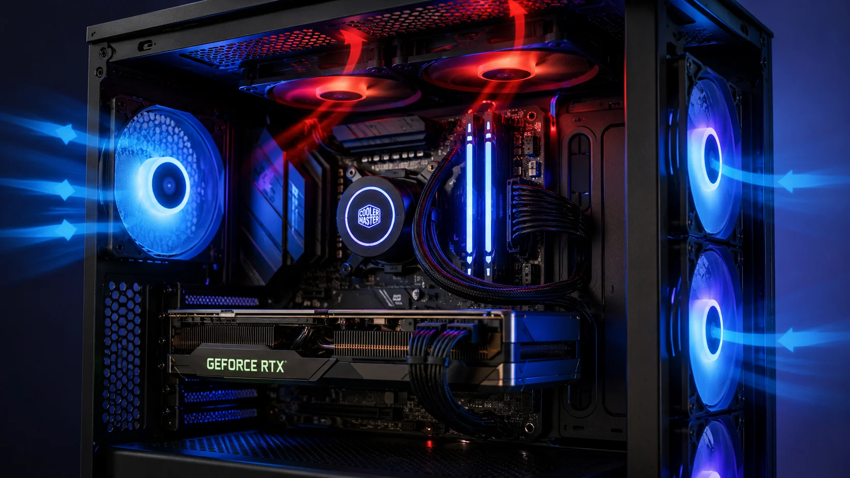 [Imagem: interior de computador gamer mostrando placa de vídeo, ventoinhas e fluxo de ar]