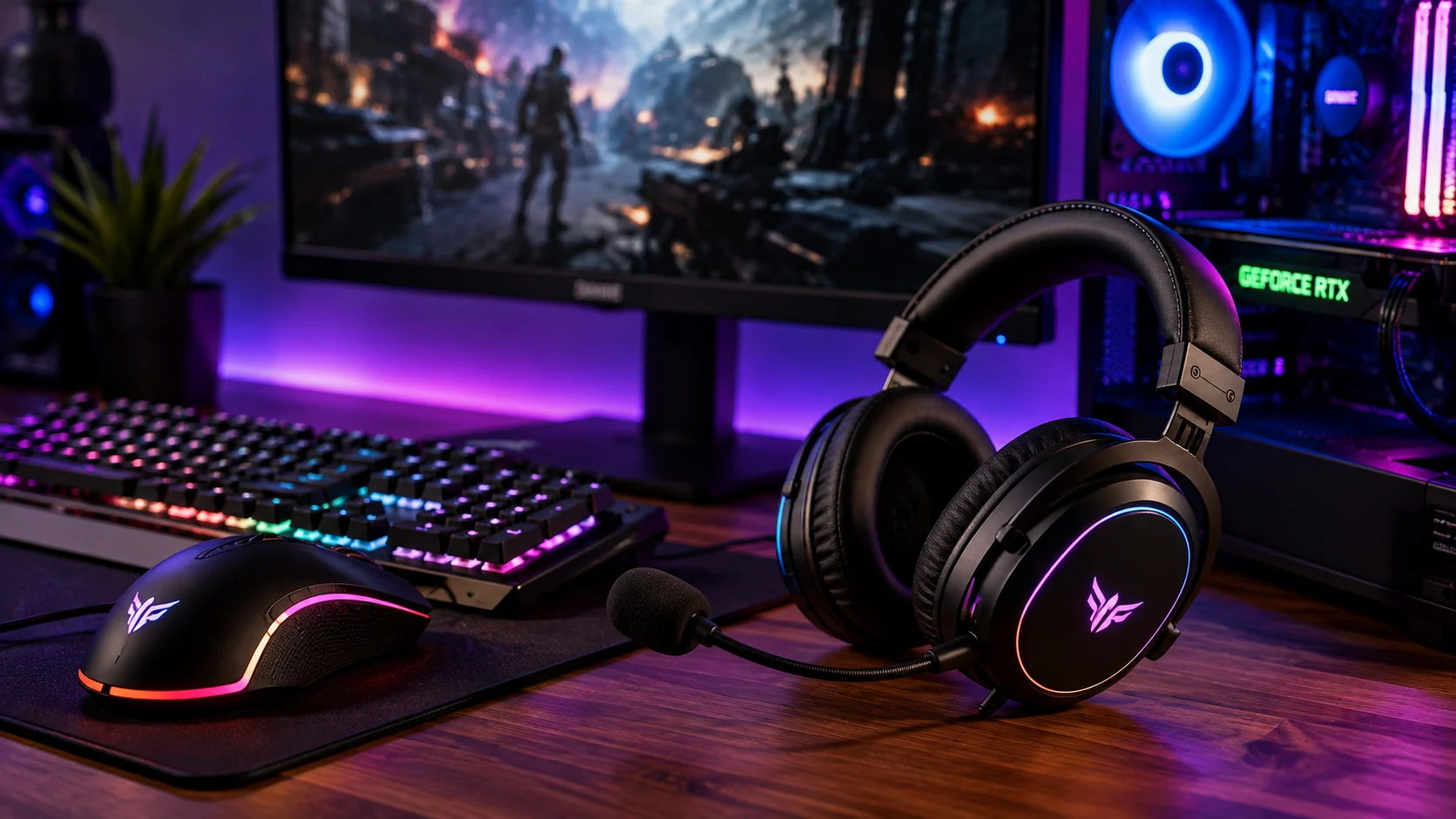 [Imagem: headset gamer ao lado de teclado e mouse sobre uma mesa de computador]