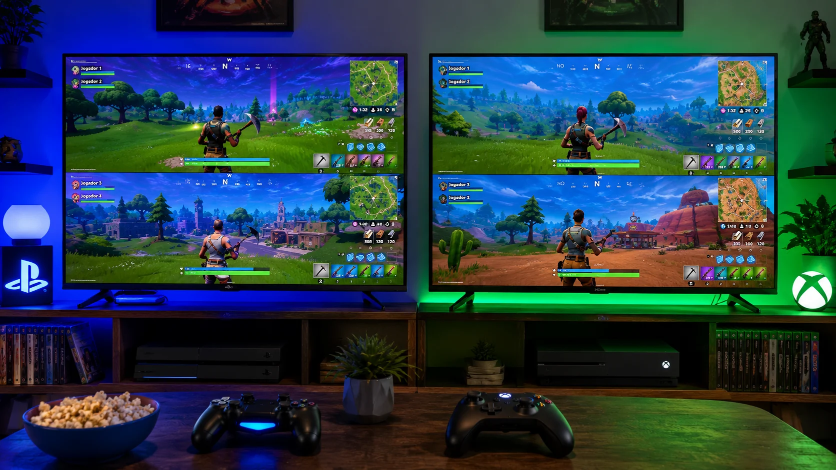 [Imagem: PlayStation e Xbox conectados a televisores mostrando Fortnite em tela dividida]