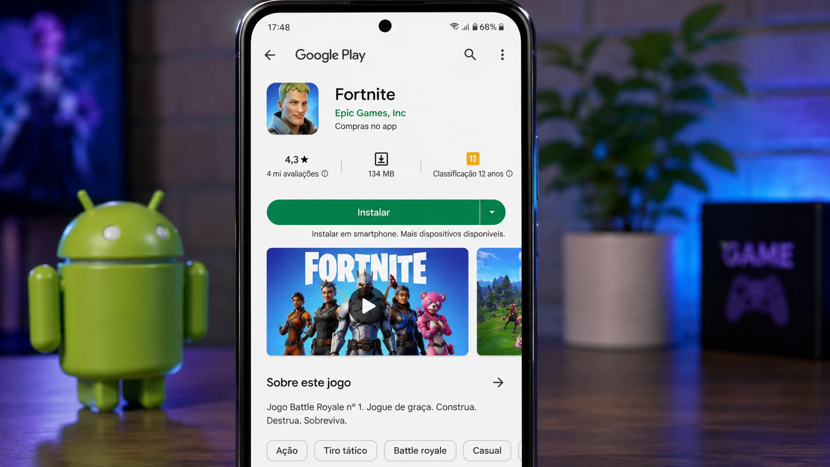 [Imagem: celular Android mostrando a página oficial do Fortnite em uma loja de aplicativos]