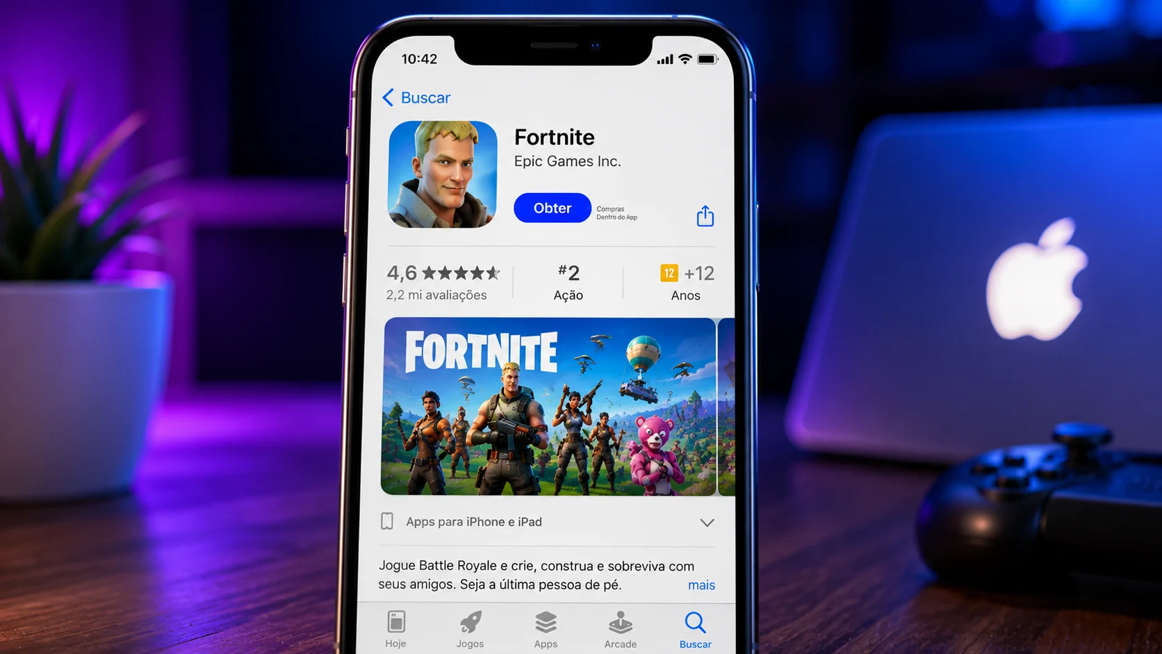 [Imagem: iPhone exibindo Fortnite e a interface de instalação de aplicativo]