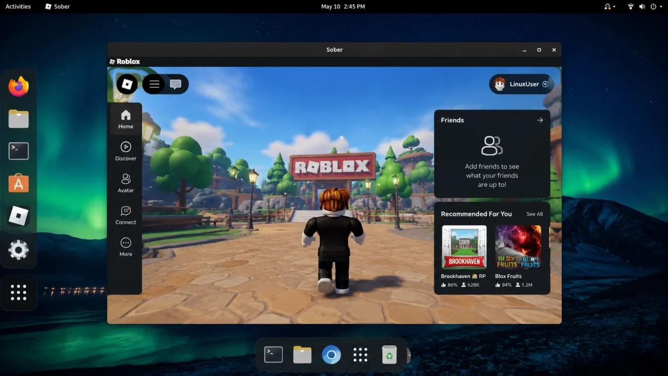 [Imagem: Interface do Sober executando Roblox em uma distribuição Linux moderna.]