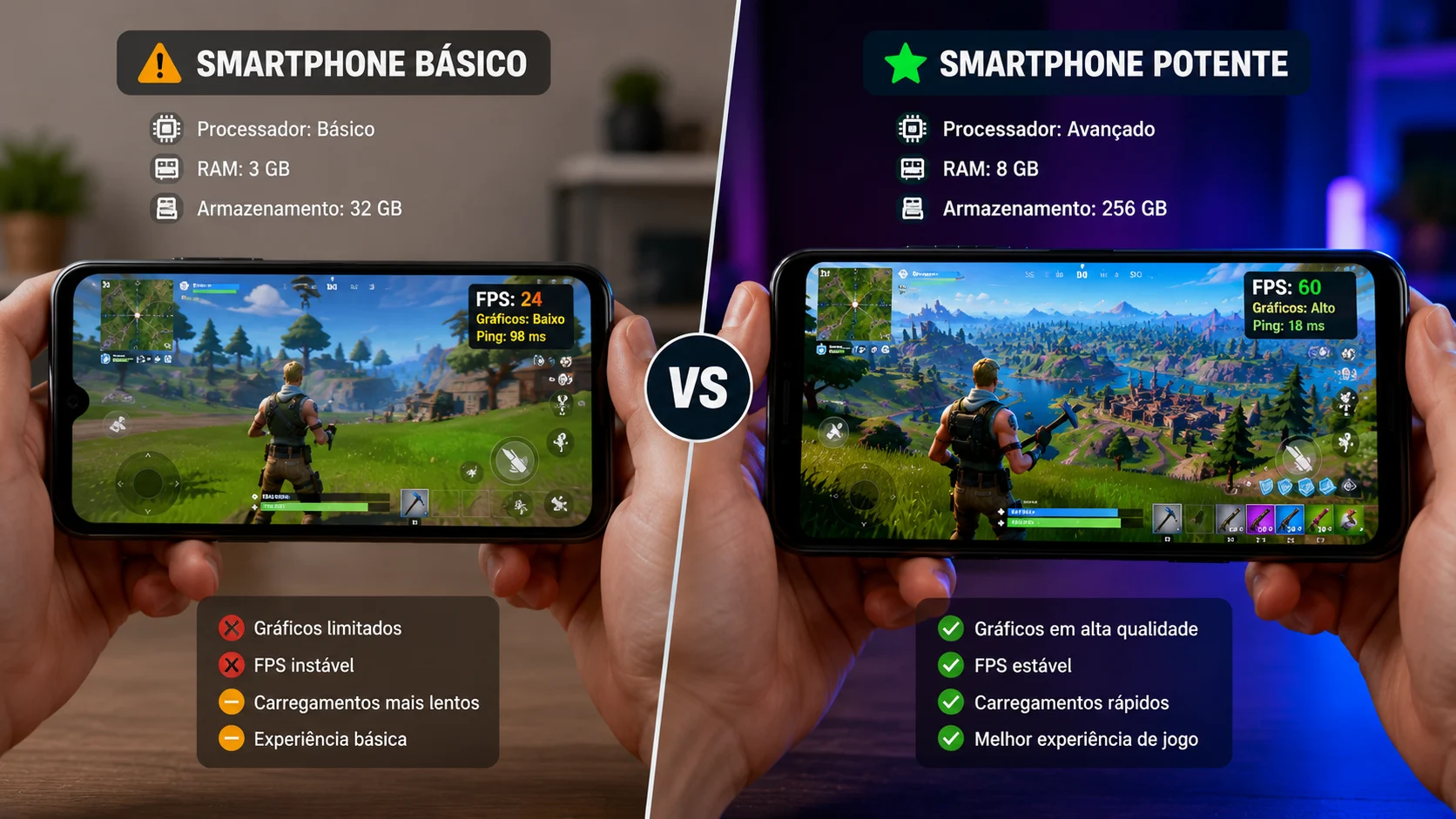 [Imagem: comparação entre smartphone básico e smartphone potente executando um jogo Battle Royale]