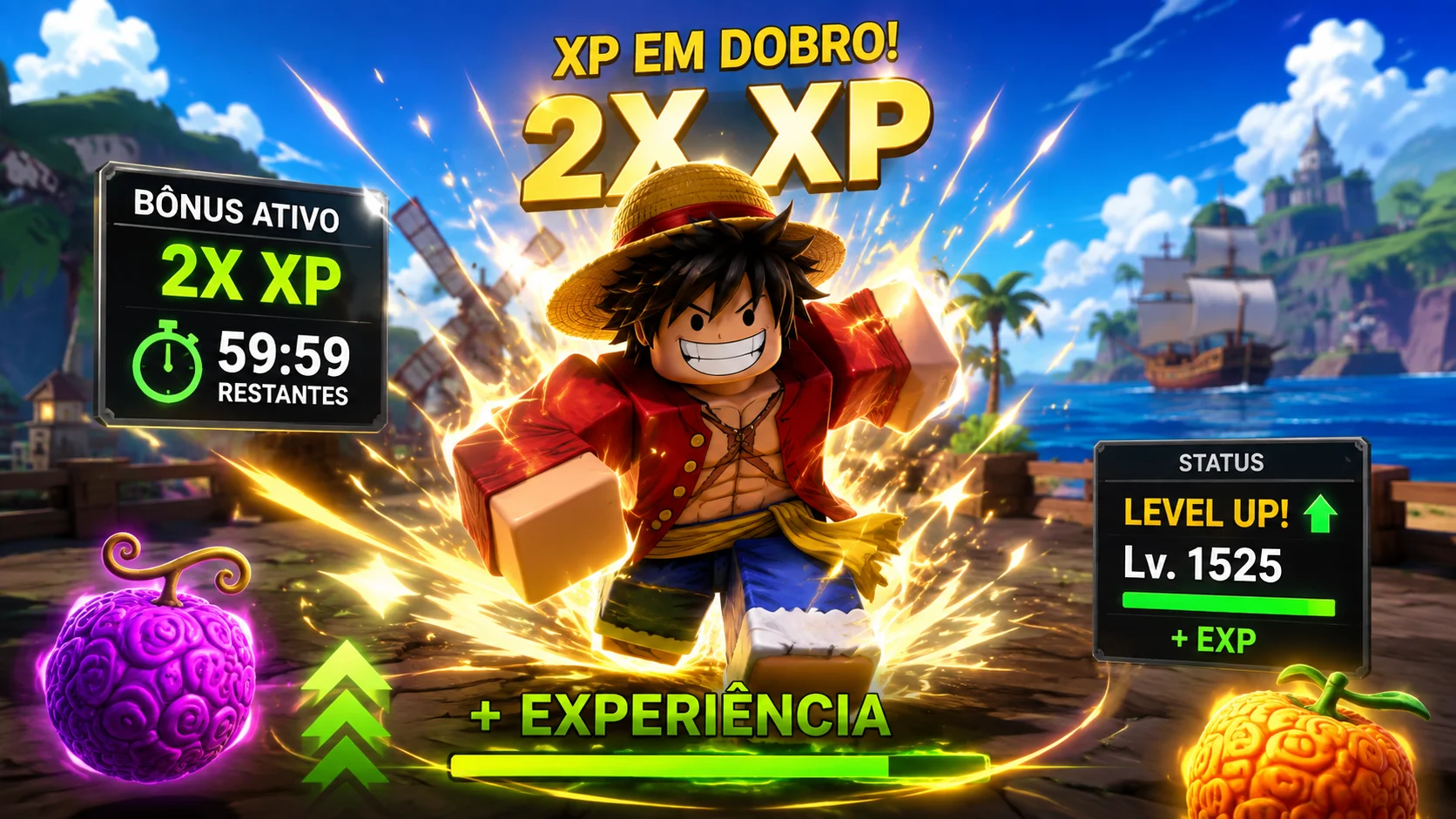 [Imagem: personagem inspirado no universo de Blox Fruits evoluindo rapidamente enquanto um contador mostra bônus de XP em dobro]