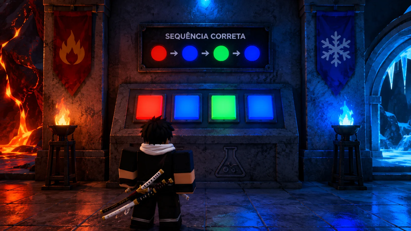 [Imagem: painel secreto de Hot and Cold mostrando a sequência vermelho, azul, verde e azul]