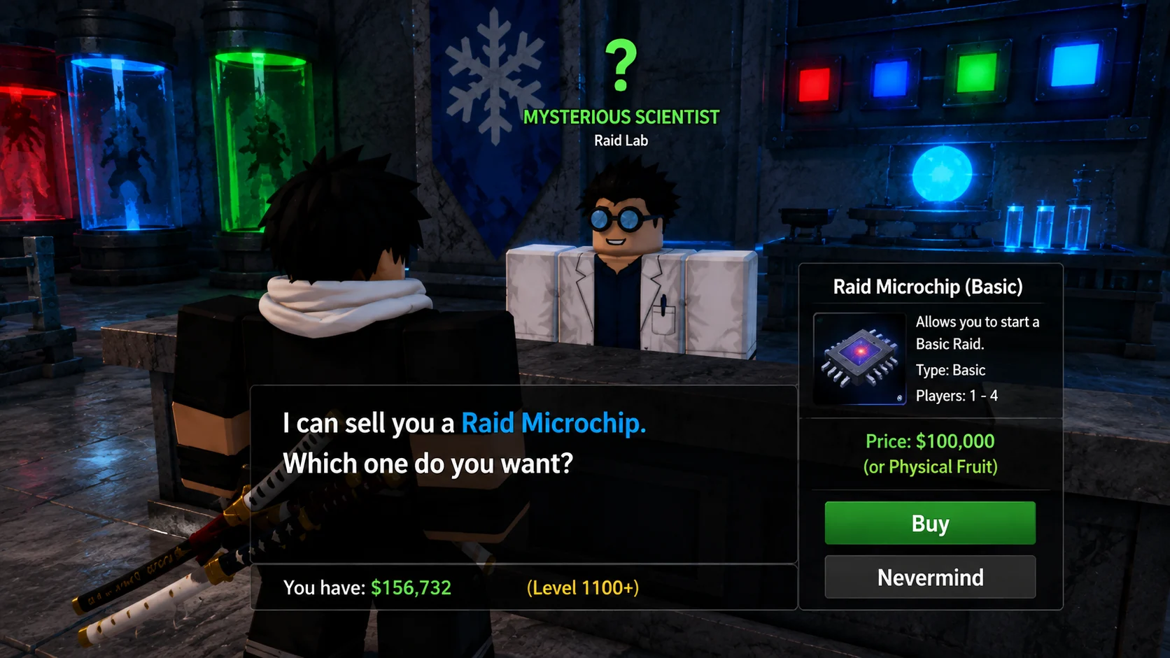 [Imagem: jogador comprando um Raid Microchip com o Mysterious Scientist]