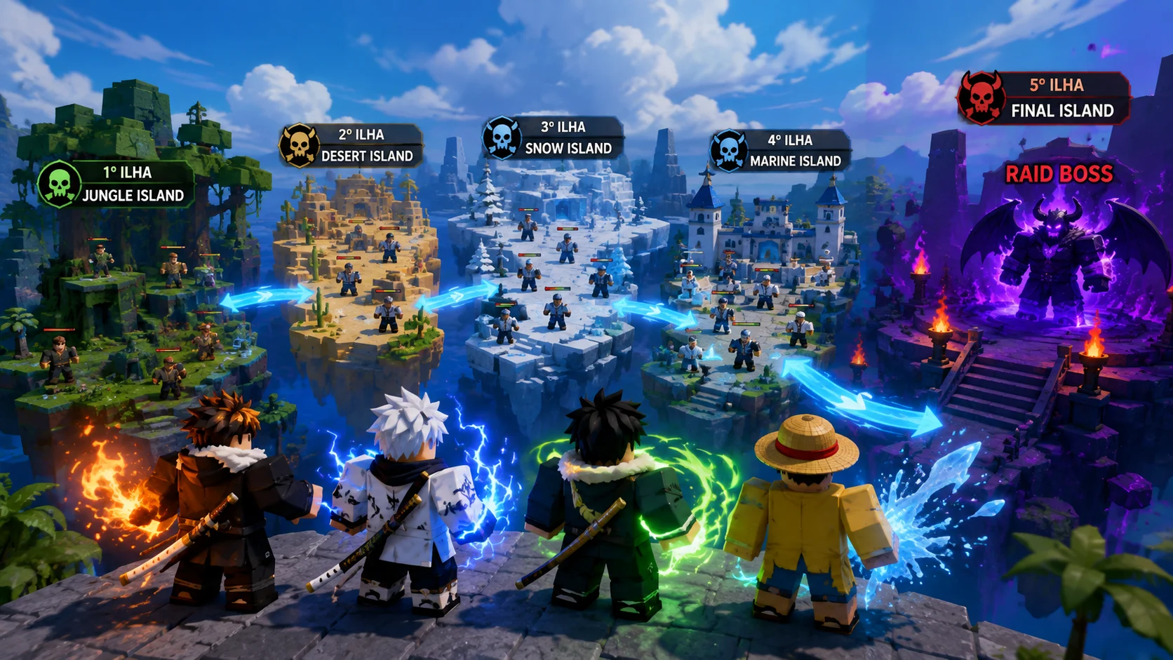 [Imagem: jogadores avançando pelas cinco ilhas de uma Raid no Blox Fruits]