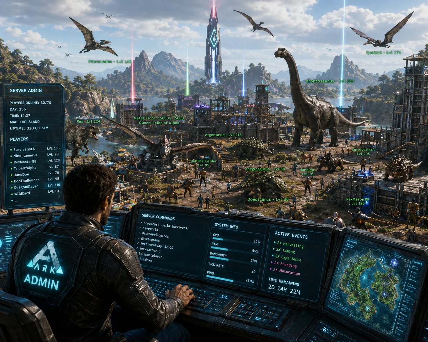 [Imagem: administrador de servidor ARK observando jogadores, estruturas e dinossauros em uma grande base]