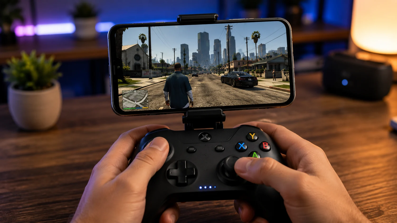 [Imagem: celular conectado a um controle Bluetooth mostrando um jogo de mundo aberto na tela]