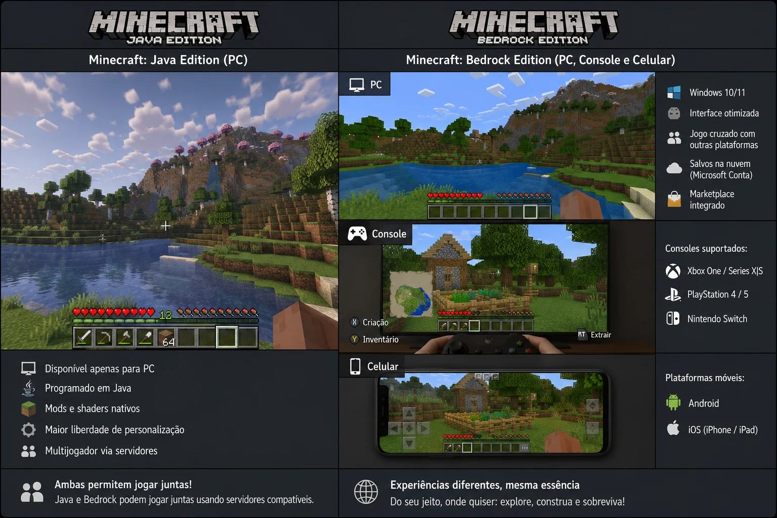 [Imagem: comparação visual entre Minecraft Java Edition no computador e Minecraft Bedrock em computador, console e celular]