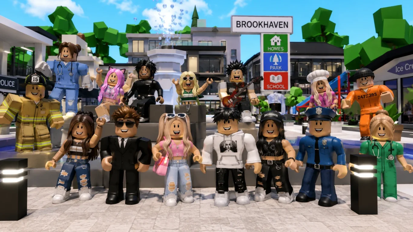 [Imagem: Diferentes avatares reunidos na praça principal de Brookhaven mostrando a variedade de estilos disponíveis.]