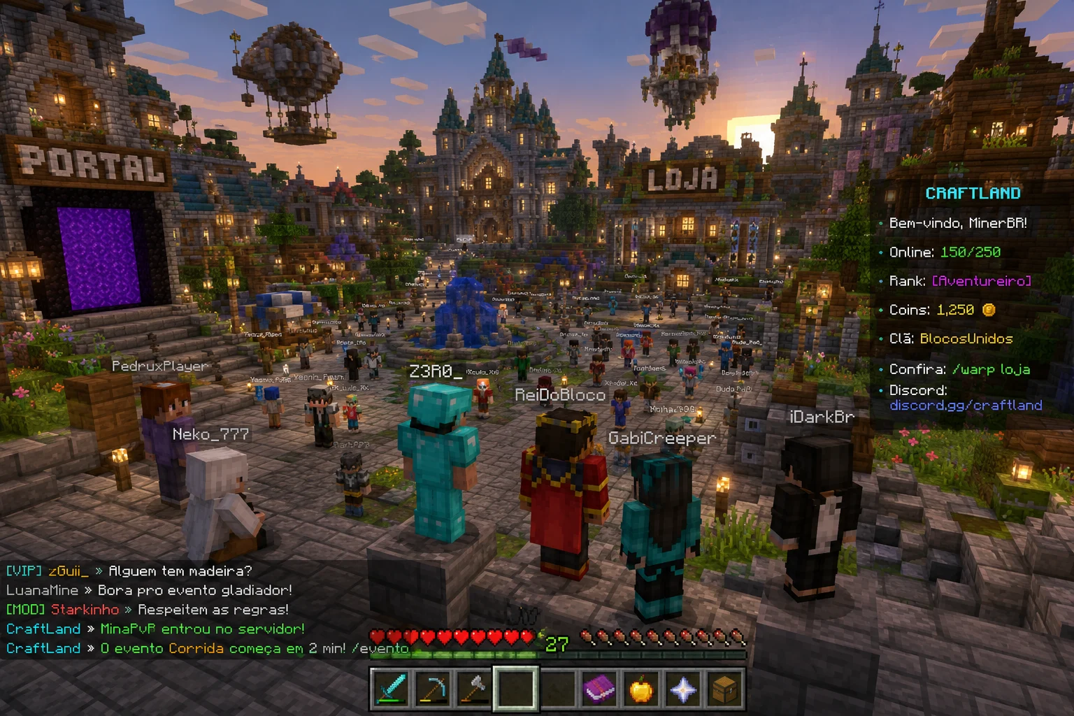 [Imagem: servidor de Minecraft com vários jogadores reunidos em uma grande cidade construída com blocos]