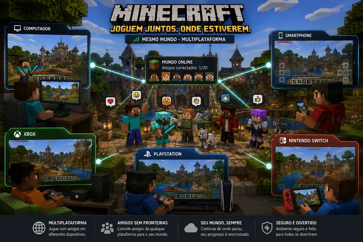 [Imagem: personagens de Minecraft conectando computador, smartphone, Xbox, PlayStation e Nintendo Switch ao mesmo mundo]