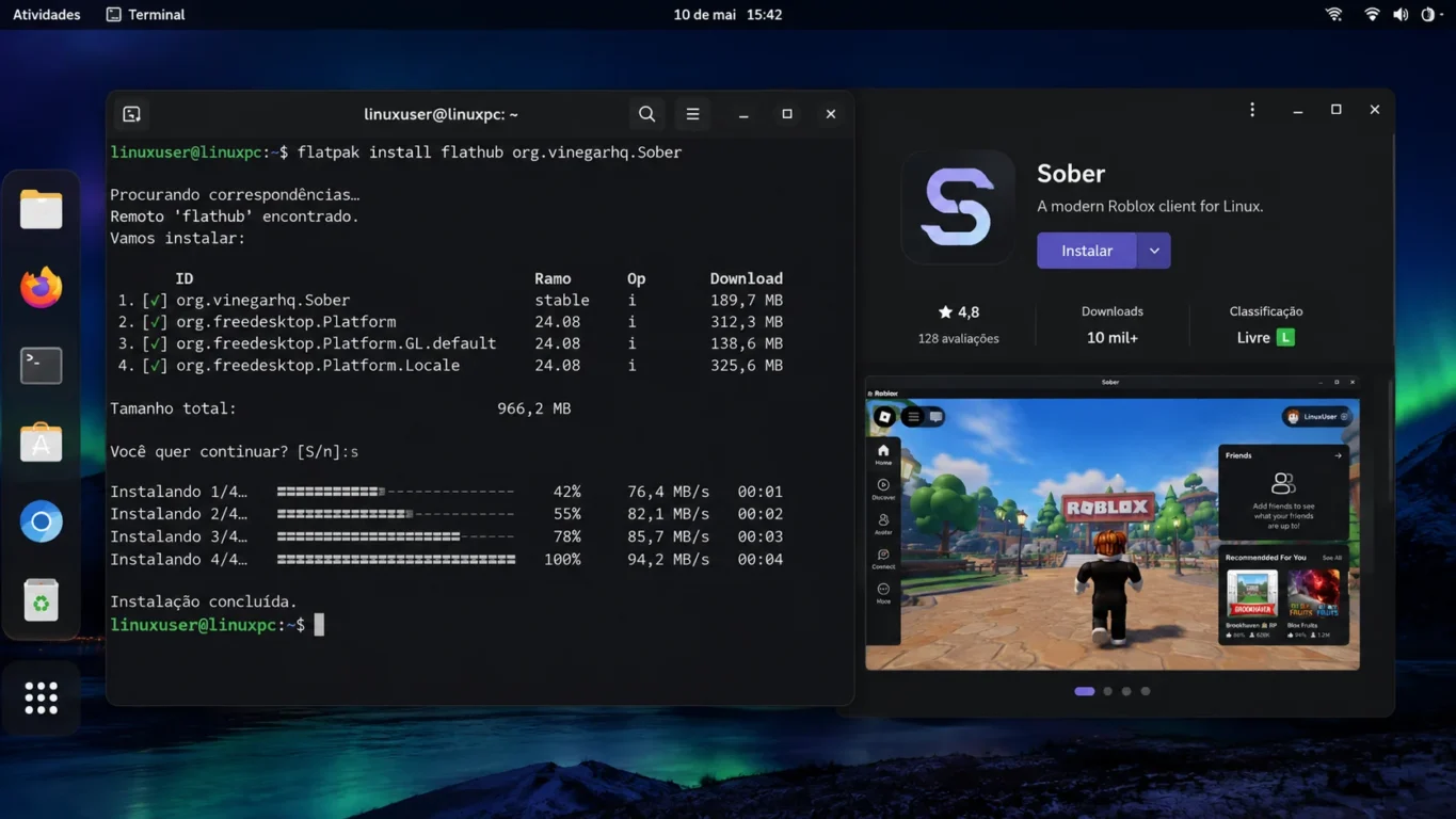 [Imagem: Processo de instalação do Sober via Flatpak em um terminal Linux.]