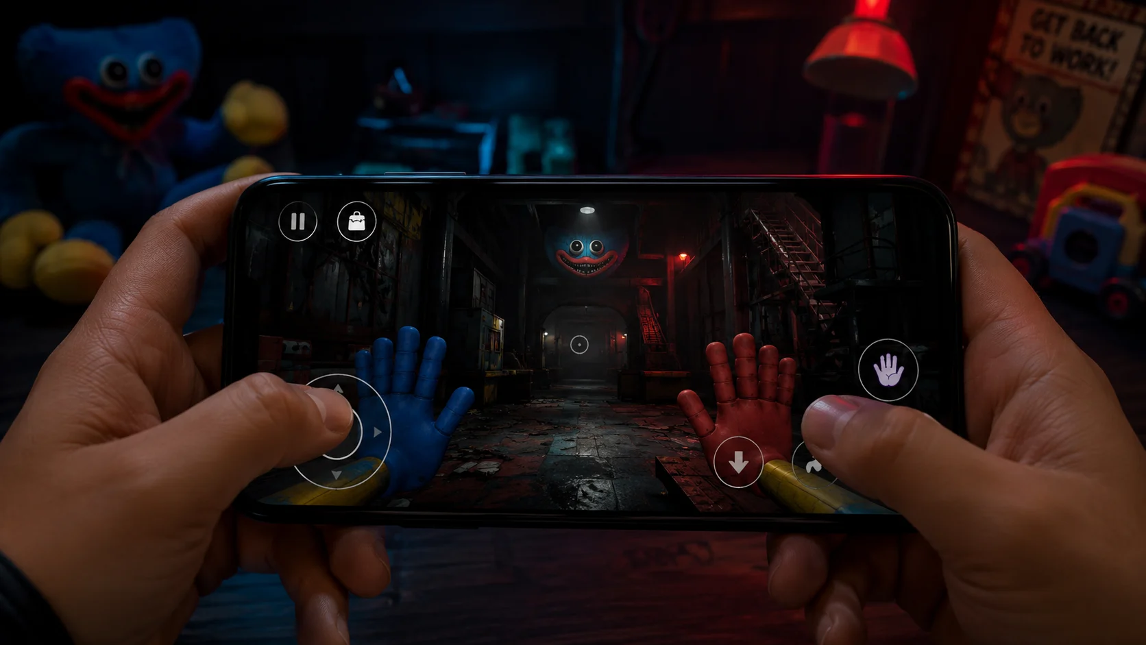 [Imagem: smartphone exibindo um jogo de terror inspirado em uma fábrica de brinquedos escura, com controles virtuais na tela]