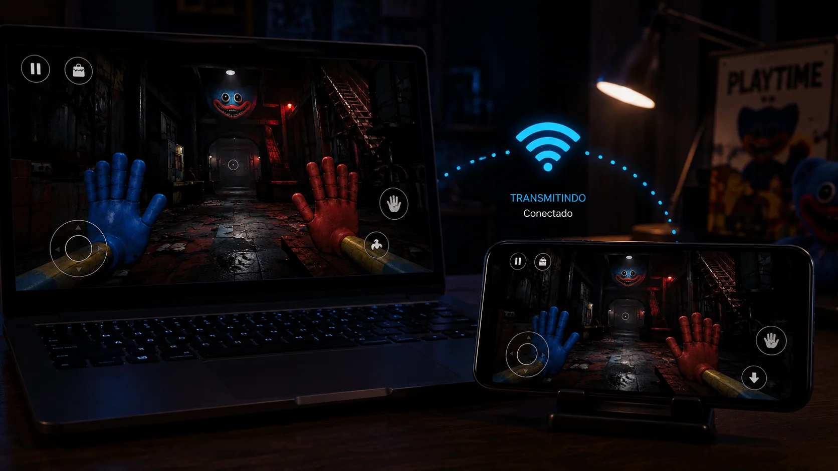 [Imagem: computador executando jogo de terror enquanto transmite a imagem para um smartphone conectado à mesma rede Wi-Fi]