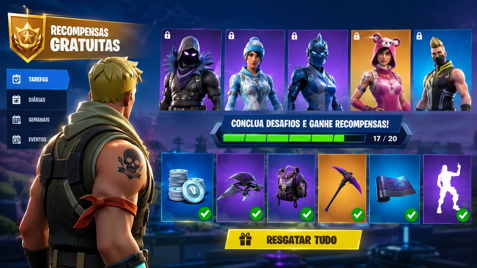[Imagem: personagem do Fortnite diante de vários trajes e itens cosméticos gratuitos, com interface inspirada em recompensas e desafios]