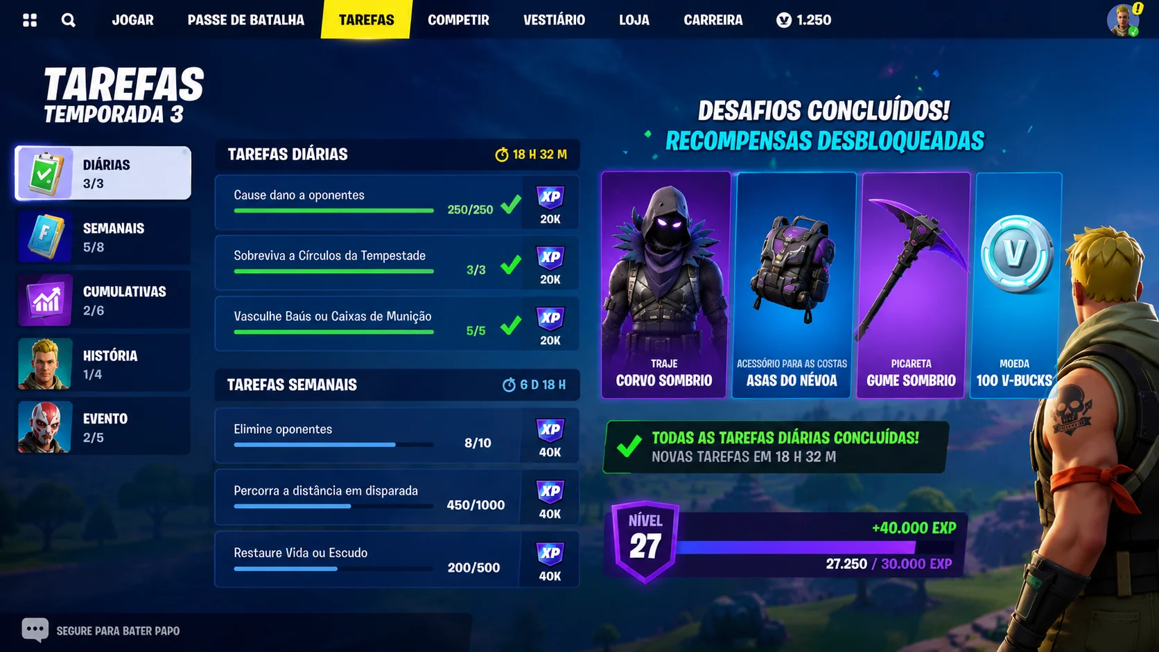 [Imagem: tela de tarefas do Fortnite com recompensas cosméticas sendo desbloqueadas após completar desafios]